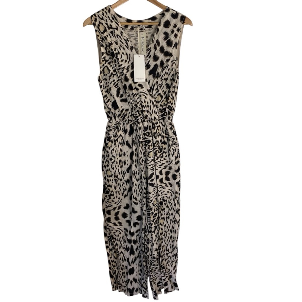 Anna Melani Elegant Black and White Animal Print Linen Jumpsuit Size Large new